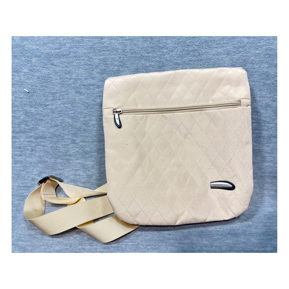Travelon Anti-Theft Crossbody Bag Beige Quilted Nylon Organizer Travel‎ Purse